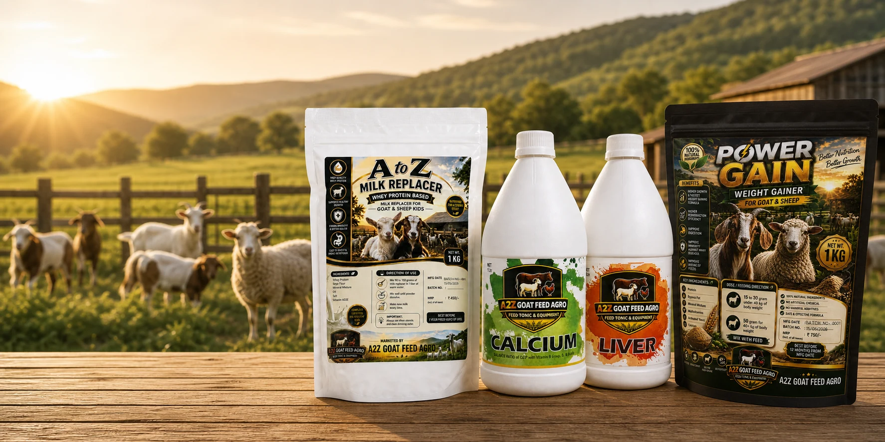 A2Z milk replacer, calcium tonic, liver tonic and Power Gain products on a farm