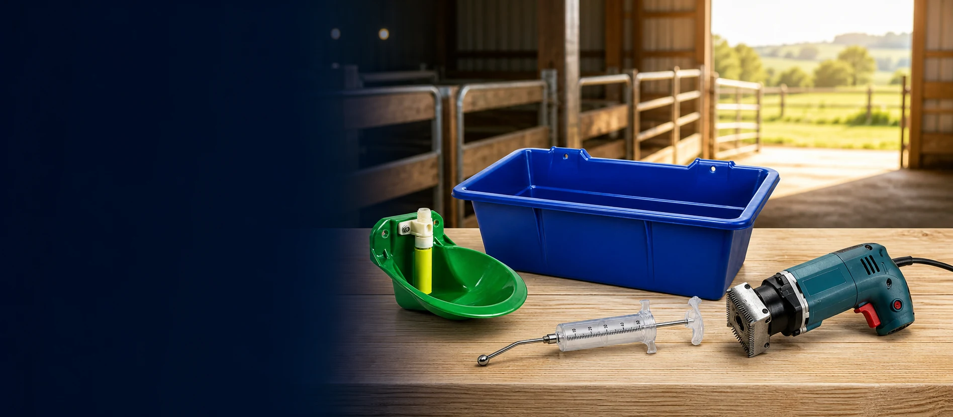 Goat farm equipment including a feeding tray, water bowl, dosing syringe and trimmer